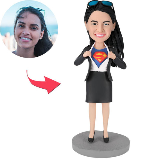 Handcrafted Office Superwoman personalised custom bobblehead in polymer clay with standard office outfit and customised head — ideal corporate or colleague desk gift for Australia & the UK