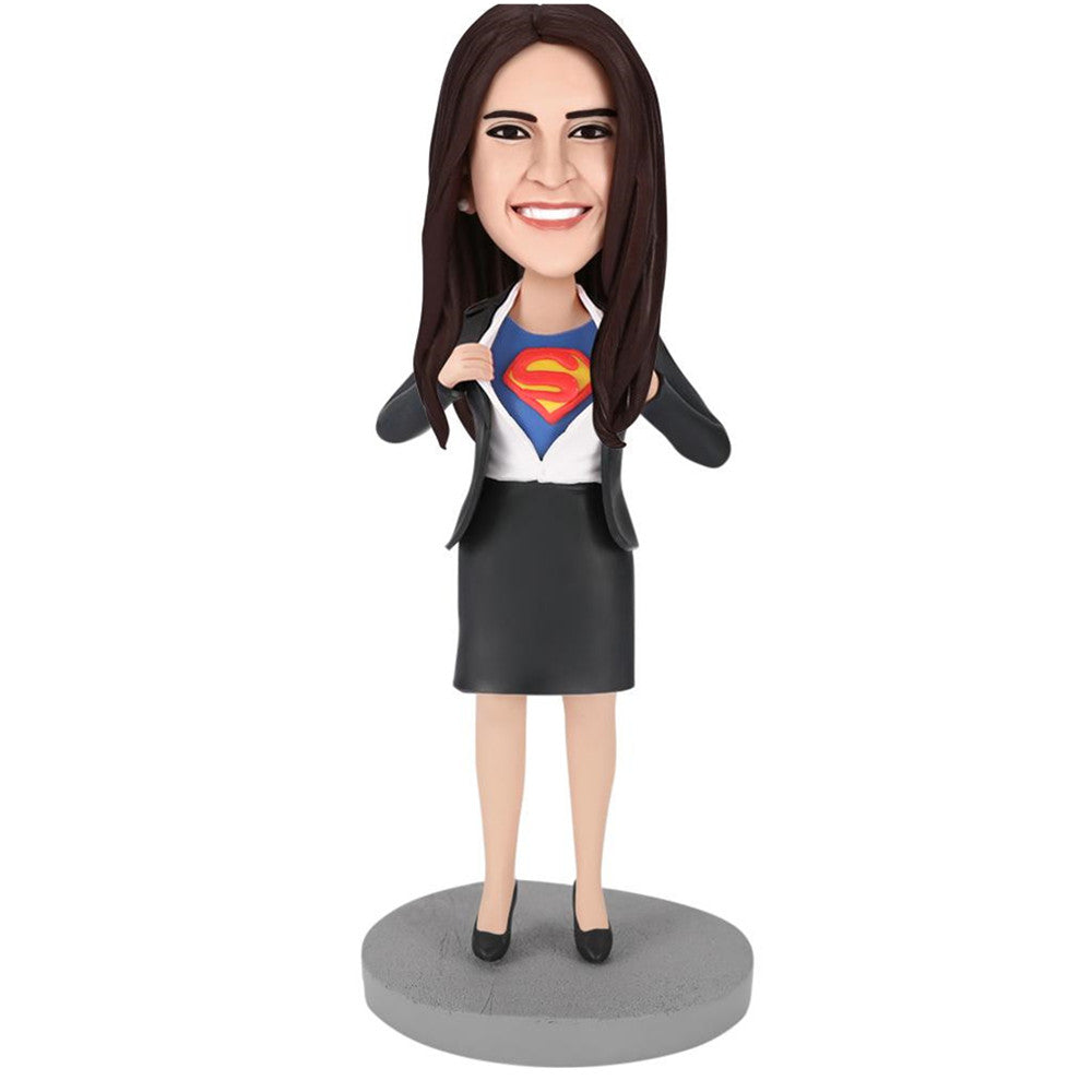 Office Superwoman personalised bobblehead with customised head on fixed pose and outfit; polymer clay desk ornament perfect as a personalised office gift and custom bobble head