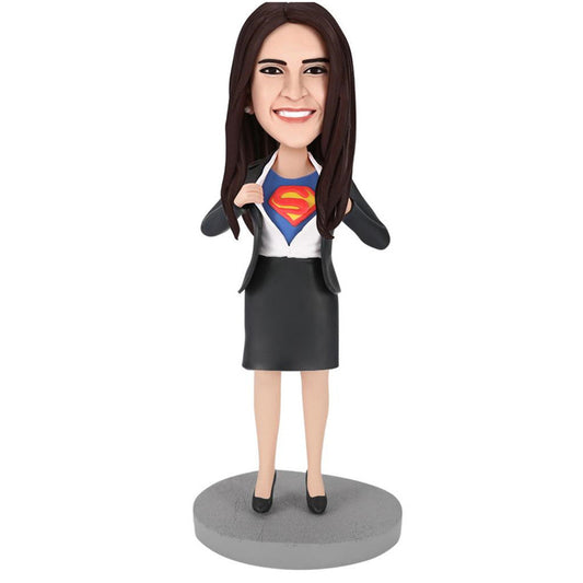 Office Superwoman personalised bobblehead with customised head on fixed pose and outfit; polymer clay desk ornament perfect as a personalised office gift and custom bobble head
