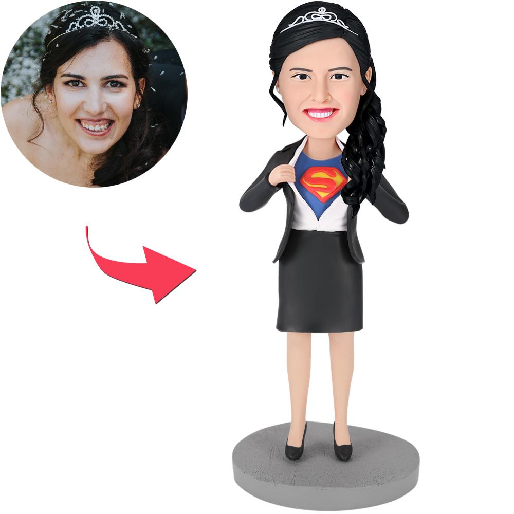 Front view of Office Superwoman personalised bobblehead — polymer clay figurine with custom head, ideal personalised desk ornament and corporate gift