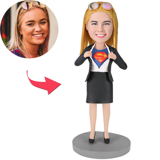 Office Superwoman personalised bobblehead in polymer clay with customised head and engraved base, ideal gift for a hardworking colleague