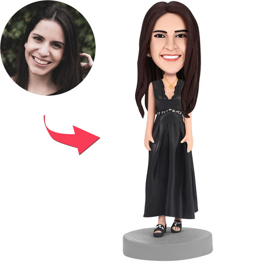 Lady Boss black dress personalised bobblehead with engraved text on base, polymer clay figurine, a custom bobblehead gift ideal for the UK and Australia