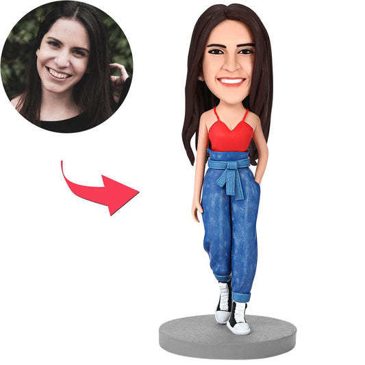 Modern Woman personalised bobblehead with engraved text – hand-sculpted polymer clay figure featuring a customised head and contemporary outfit