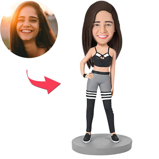 Personalised polymer clay bobblehead of a fashion woman in sweatpants with engraved text on the base – custom bobble head figurine, personalised engraved bobblehead gift