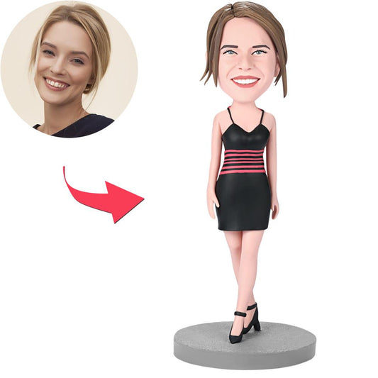 Personalised female bobblehead in black dress - handmade polymer clay figure with custom engraved text on the base