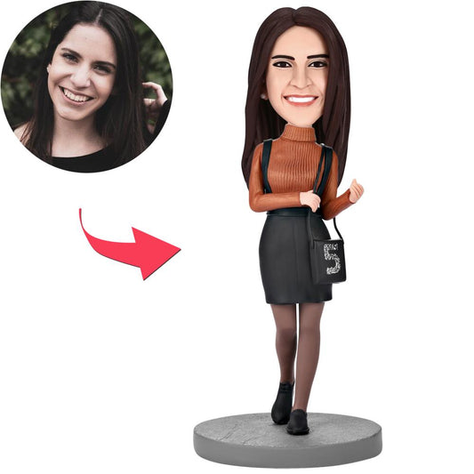 Personalised fashion girl bobblehead with engraved base — polymer clay figure with personalised head; custom bobblehead with engraved text, ideal personalised gift UK & Australia