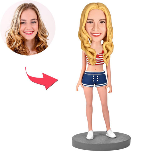 Personalised polymer clay custom bobblehead of a sexy girl wearing shorts, customised head from your photo with engraved text on the base