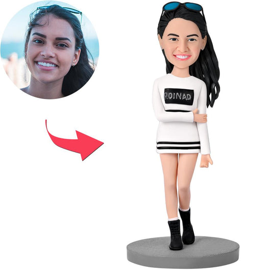 Personalised modern woman leisurewear bobblehead with engraved base — hand-sculpted polymer clay custom bobblehead for women, ideal personalised gift UK