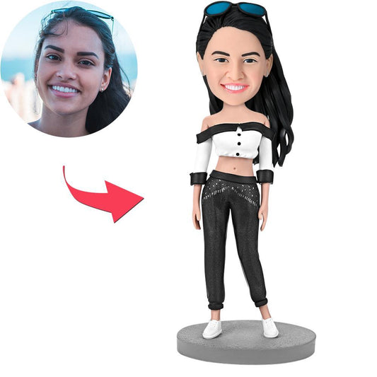 Handmade personalised female bobblehead in black trousers — polymer clay figurine with customised head and engraved text on base (short-hair bobble shown)