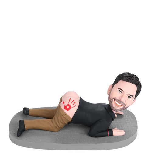 Pat Your Ass personalised bobblehead with engraved text – front view of polymer clay custom bobblehead, personalised head from photo and fixed body pose, novelty personalised gift