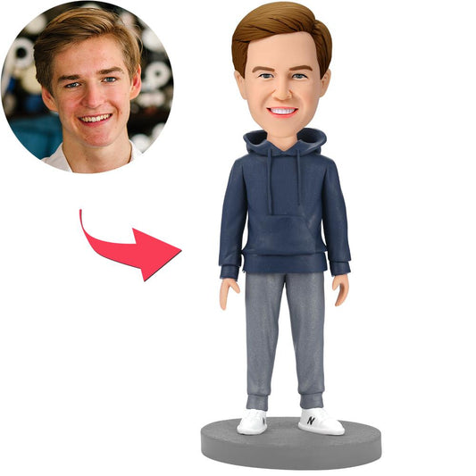 Personalised hoodie bobblehead of a casual man, handcrafted polymer clay figurine — custom bobble head with engraved name on the base, ideal personalised gift