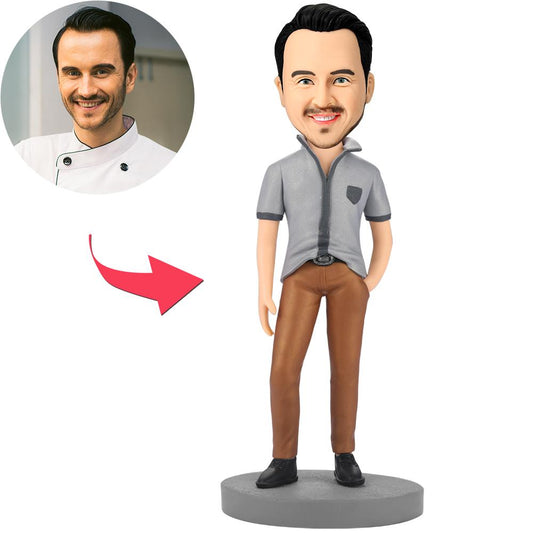 Cool Fashion Man personalised bobblehead in polymer clay with custom head to resemble recipient and engraved text on the base — personalised gift for him, wedding or anniversary keepsake