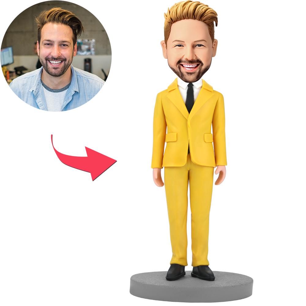 Modern Man in Yellow Suit personalised bobblehead, polymer clay custom figure with engraved text on base, front view