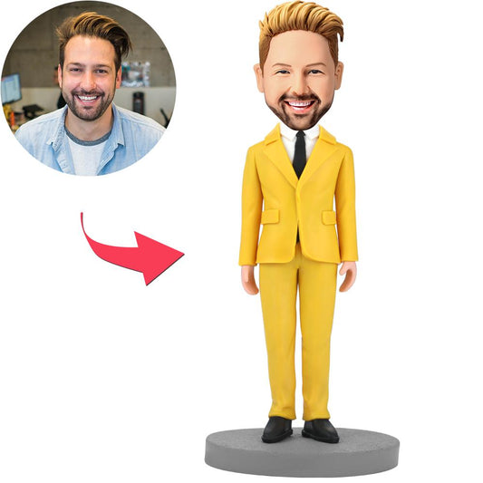 Modern Man in Yellow Suit personalised bobblehead, polymer clay custom figure with engraved text on base, front view