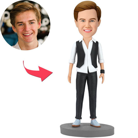 Handsome modern man personalised bobblehead with engraved text, polymer clay figure with custom head made from your photo — perfect personalised gift