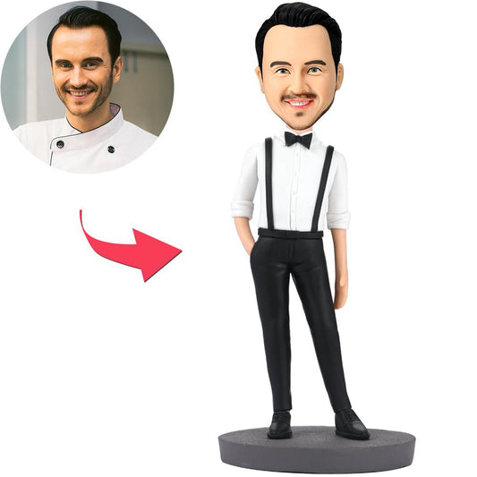 Handsome man in bib pants polymer clay personalised bobble head with engraved base — bespoke bobblehead for men, custom bobblehead gift