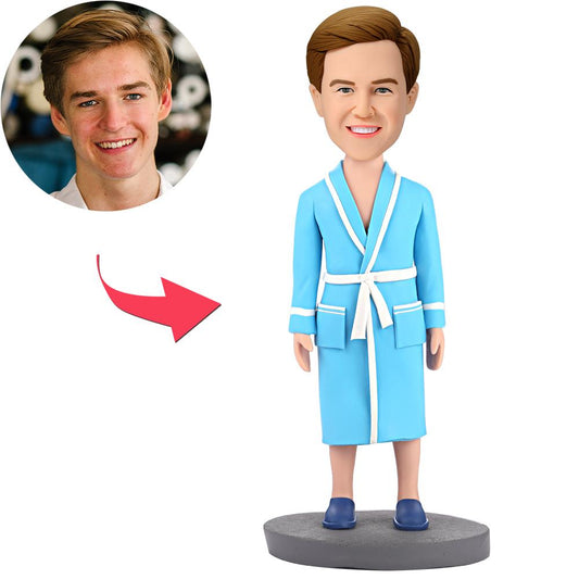 Personalised bobblehead – Modern Man in blue pyjamas, polymer clay figure with custom head from your photos and engraved base; handcrafted gift for him