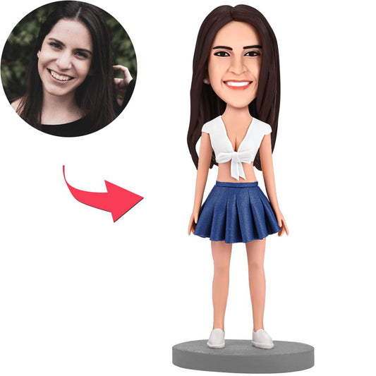 Fashion sexy girl personalised bobblehead with engraved text, front view polymer clay figurine perfect bespoke gift