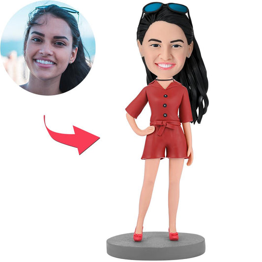 Modern beautiful girl in red suit personalised bobblehead, hand‑sculpted polymer clay with custom engraved base — stylish personalised gift, bridesmaid keepsake or corporate desk ornament