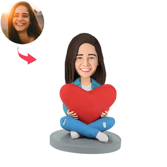 Anniversary heart personalised bobblehead for women – polymer clay figurine with custom photo-matched head and engraved text keepsake