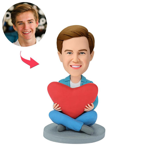 Heart Man Personalised Bobblehead with customised head made from your photo — polymer clay male figure (fixed or bobble head options), perfect personalised face gift for weddings, Valentine’s Day or anniversaries