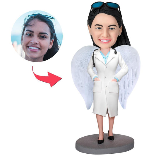 Angel Doctor personalised bobblehead with engraved text on base — handcrafted polymer clay custom doctor bobblehead, ideal personalised gift for doctor