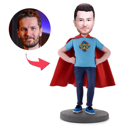 Super Dad personalised bobblehead in polymer clay with customised head sculpt and superhero outfit, ideal Father's Day gift