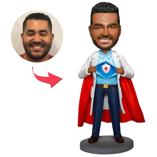 Personalised cool super doctor bobblehead with medical shield — custom polymer clay head, ideal personalised doctor bobblehead and medical graduation gift