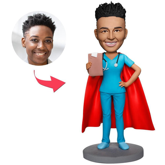Super Female Doctor personalised bobblehead — polymer clay female doctor bobblehead with customised head sculpted from your photo and engraved text on the base; a thoughtful personalised engraved gift for doctors