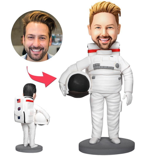 Personalised astronaut custom bobblehead with engraved base — handmade polymer clay figurine featuring your photo’s head on astronaut body, ideal personalised graduation, Christmas and birthday keepsake