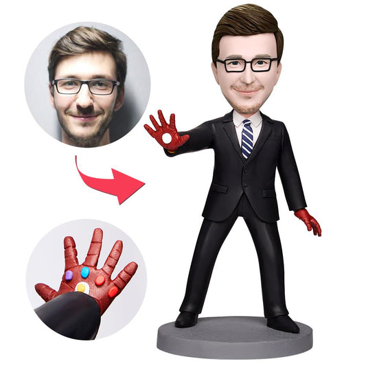 Personalised Iron Man bobblehead in business suit – polymer clay figurine with customised head likeness and engraved text on base, ideal corporate or office gift