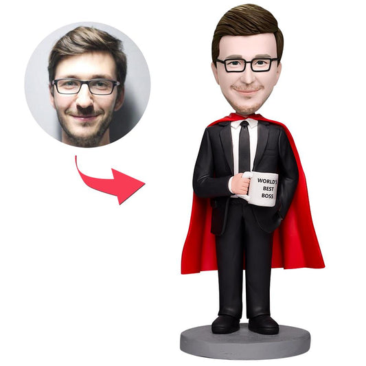 Personalised Super Boss Bobblehead with Engraved Text — full‑stature polymer clay figure with a customised head and styled hair, engraved base for name or quote, perfect personalised gift