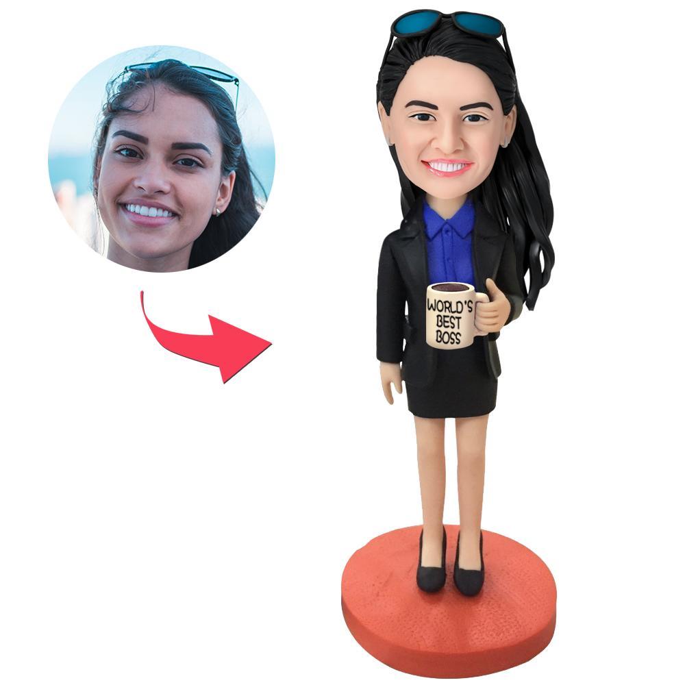 Female Boss personalised bobblehead with engraved text, polymer clay executive desk keepsake with custom head made from your photo and professional business outfit