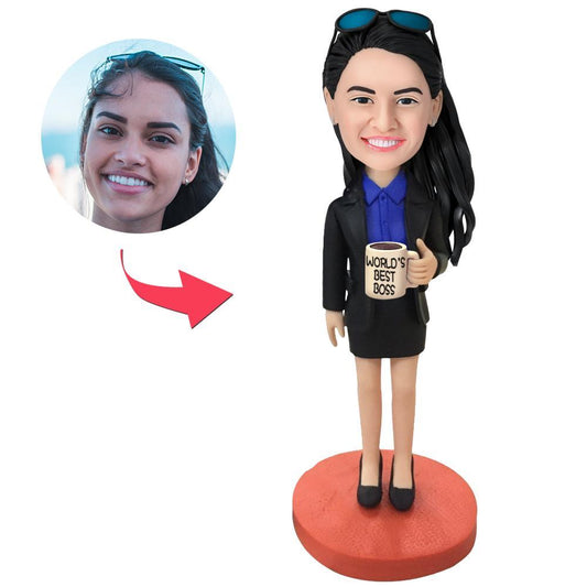 Female Boss personalised bobblehead with engraved text, polymer clay executive desk keepsake with custom head made from your photo and professional business outfit