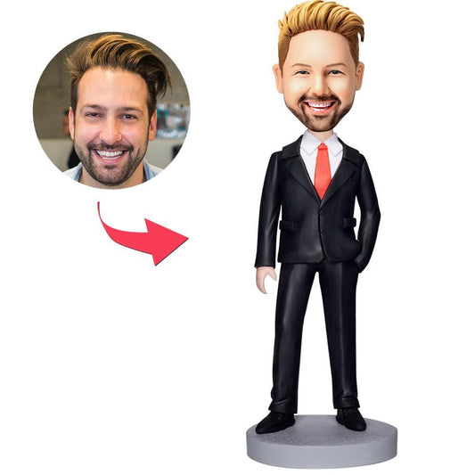 Business man in black suit personalised bobblehead with engraved base, high quality polymer clay personalised executive bobblehead and custom business bobblehead ideal for UK desks
