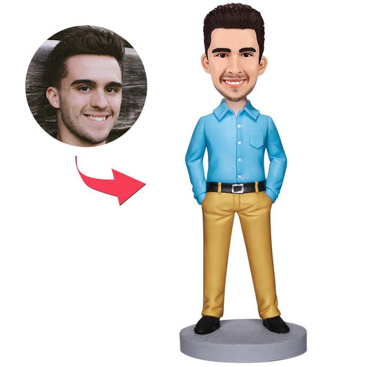 Executive man in yellow trousers personalised bobblehead — custom polymer clay desk figure with personalised head from your photo and option for engraved text, ideal personalised office desk bobblehead