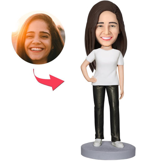 Casual Wear Woman Custom Bobblehead — personalised polymer clay figure with engraved text, hand-crafted custom head sculpt from your photos