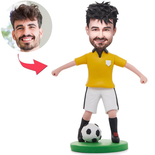 Handcrafted polymer clay personalised football bobblehead in yellow shirt dribbling a ball — custom soccer gift with engraved-name option