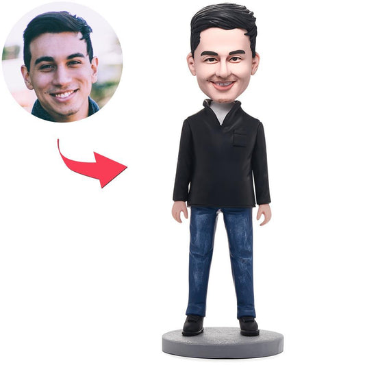 Fashion casual man personalised polymer clay bobblehead with engraved base — hand-crafted head personalised from your photo, ideal custom bobblehead gift