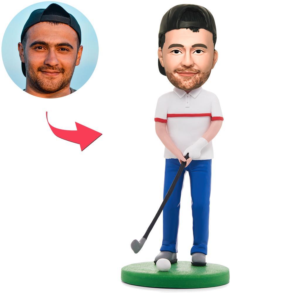 Front view of Personalised Happy Golfer Bobblehead with Engraved Text — polymer clay custom bobblehead with personalised head, golf pose and engraved base, perfect golf gift or tournament prize