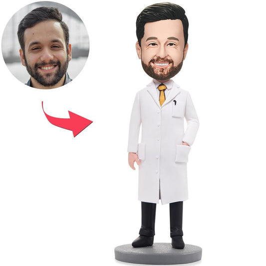 Personalised Wise Man bobblehead in lab coat with custom engraved head — polymer clay personalised scientist figurine, custom lab coat bobblehead gift for the UK and Australia