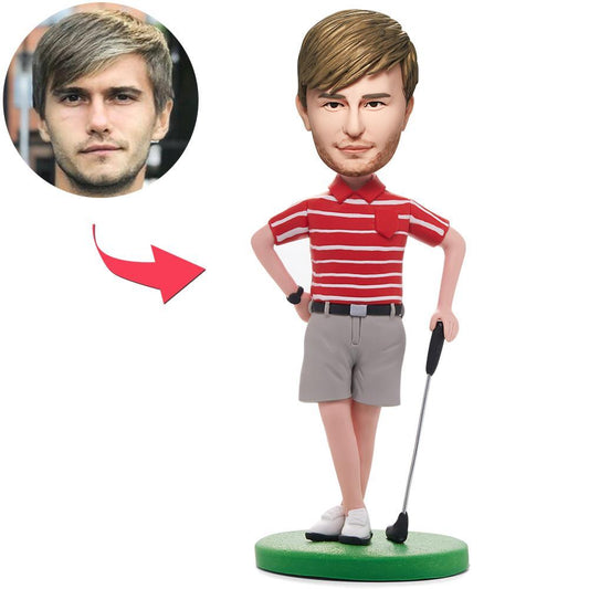 Personalised golfer bobblehead in red shirt — handcrafted polymer clay figurine with custom engraved text on the base; personalised head made from your photo
