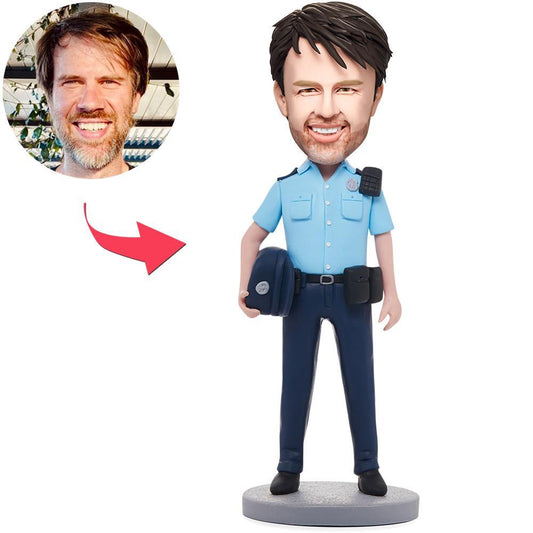 Personalised male police officer bobblehead with engraved base, customised polymer clay head matching supplied photo, uniformed desk ornament and gift for serving or retired officers