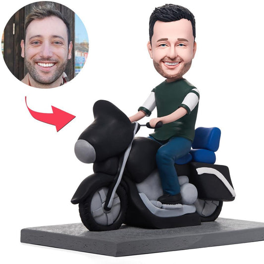 Cool Man on Motorcycle personalised polymer clay bobblehead with customised head and engraved base showing full motorcycle figure ideal personalised gift