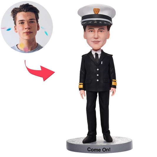 Personalised polymer clay police officer bobblehead in uniform standing on an engraved base — custom police officer bobblehead and engraved police gift, ideal desk keepsake