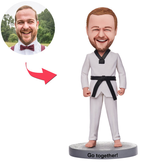 Personalised martial arts man bobblehead polymer clay figurine with engraved base and photo-matched customised head — custom martial arts bobblehead gift