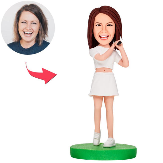 Personalised female golfer bobblehead in polymer clay with engraved text on base, custom head matching facial features and hairstyle – perfect personalised golf gift