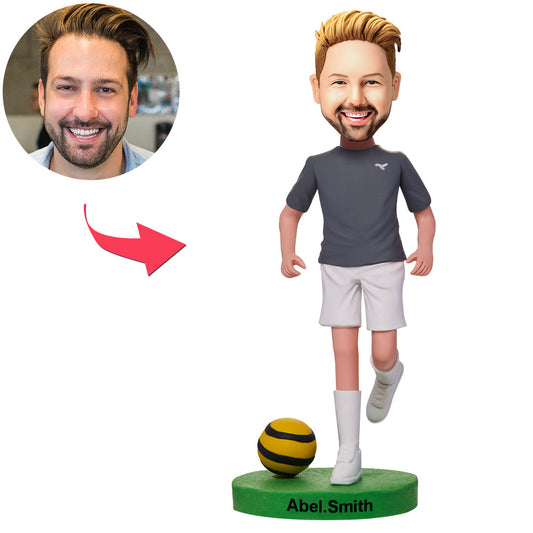 Personalised polymer clay football player bobblehead with engraved base and customised head — unique personalised sports gift for players, managers and fans