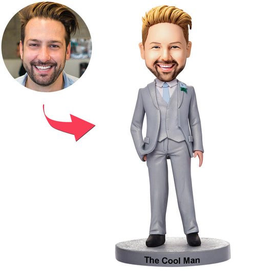 Custom businessman grey suit bobblehead with engraved base — personalised head from your photo; ideal personalised office gift, engraved bobblehead and business bobblehead
