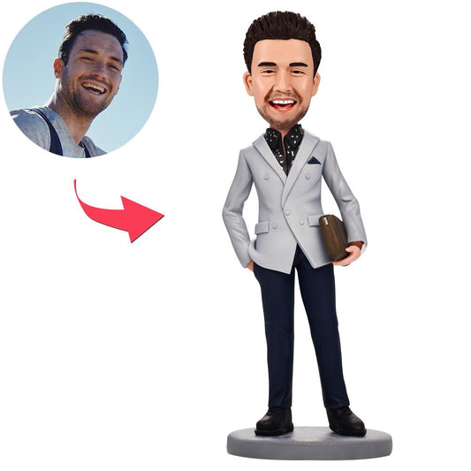 Personalised business man bobblehead with briefcase and engraved base — custom polymer clay executive desk bobblehead